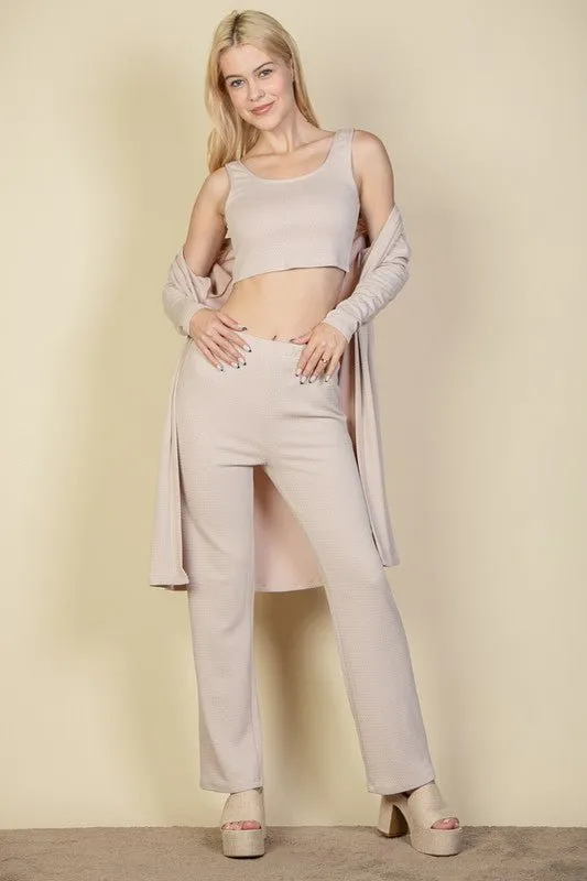 3Piece Set Cardigan, Crop Tank Top and Pants Set