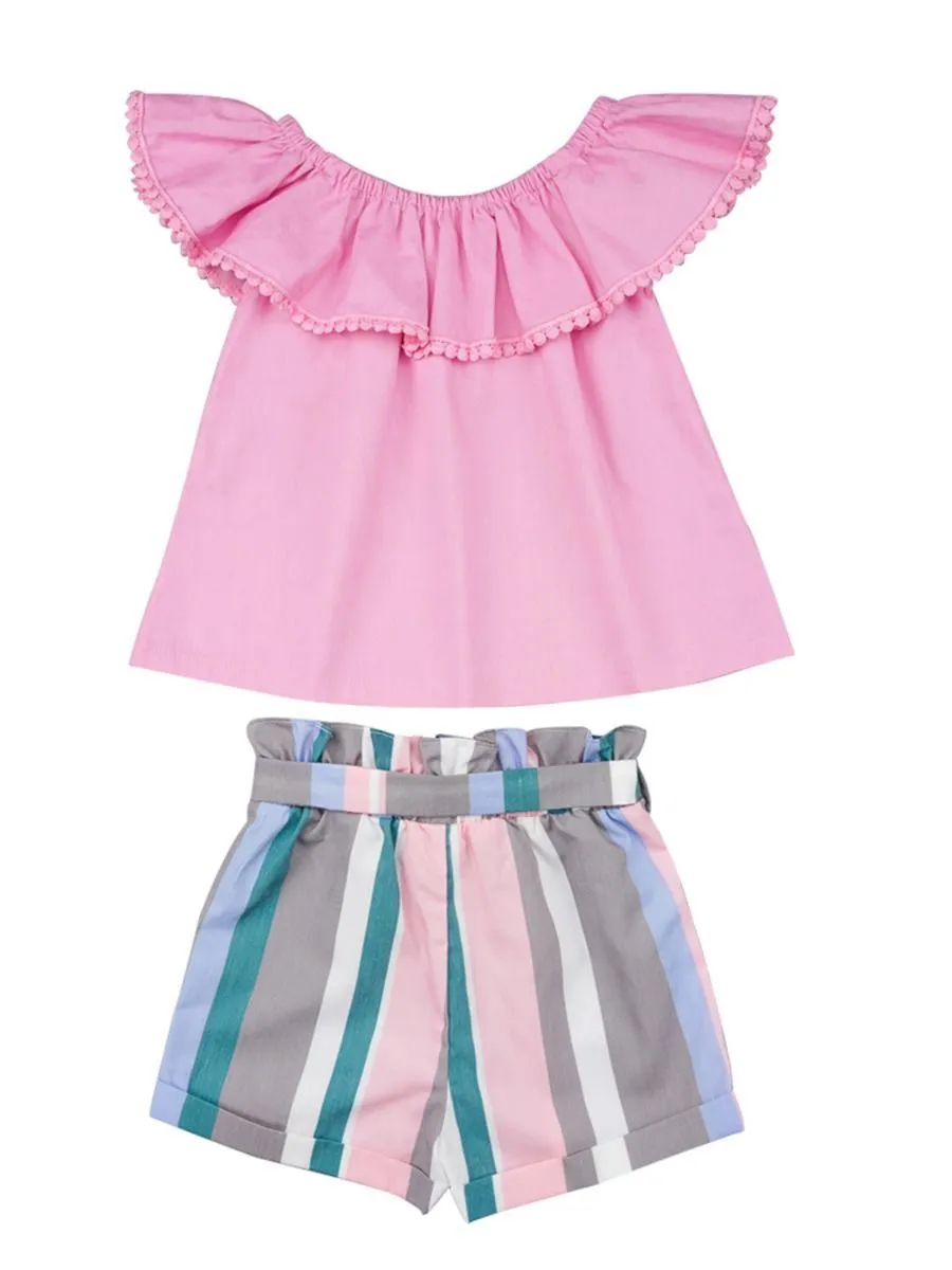 Baby Toddler Girl Clothes Outfit Off Shoulder Top Matching Bow Stripe Shorts