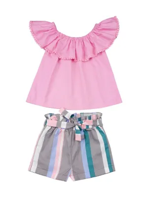 Baby Toddler Girl Clothes Outfit Off Shoulder Top Matching Bow Stripe Shorts