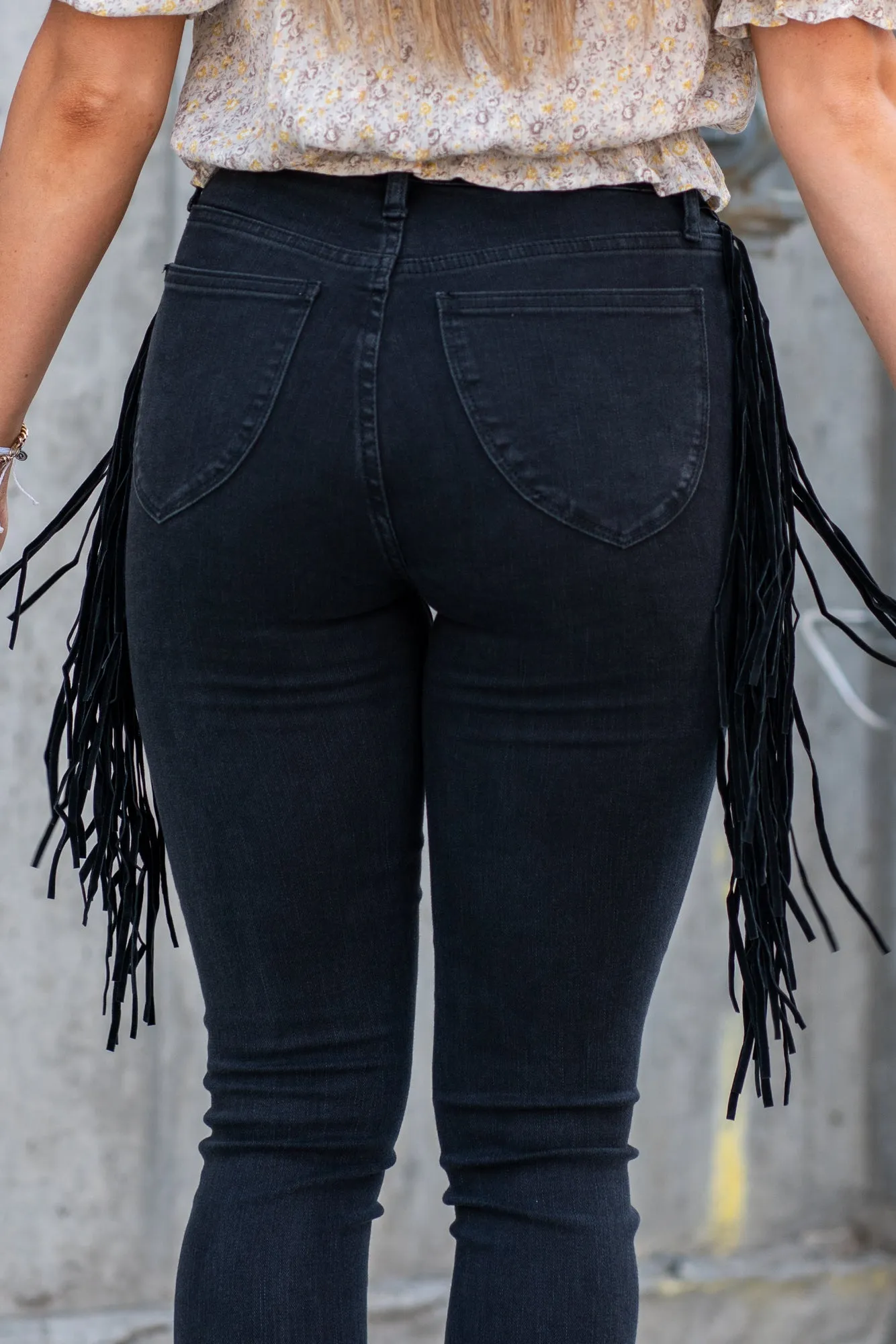 Black Fringe High Rise Pull On Skinny Jegging