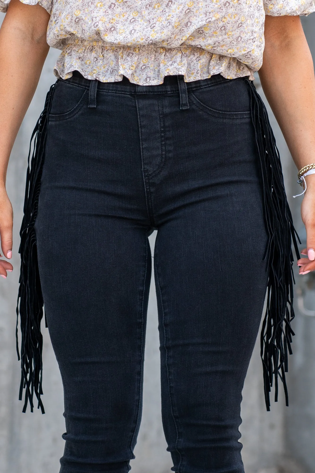 Black Fringe High Rise Pull On Skinny Jegging