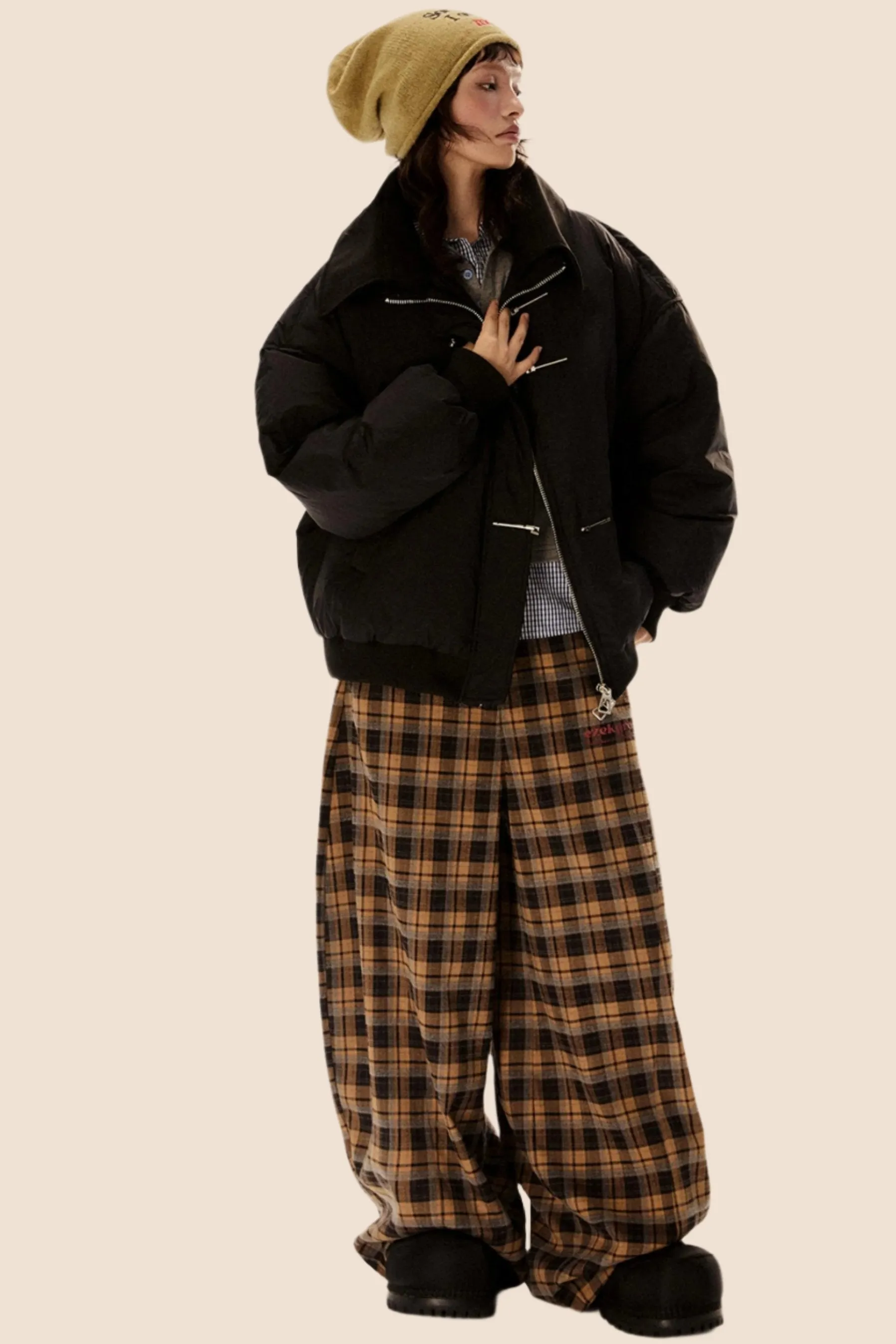 Casual Straight-Leg Plaid Pants