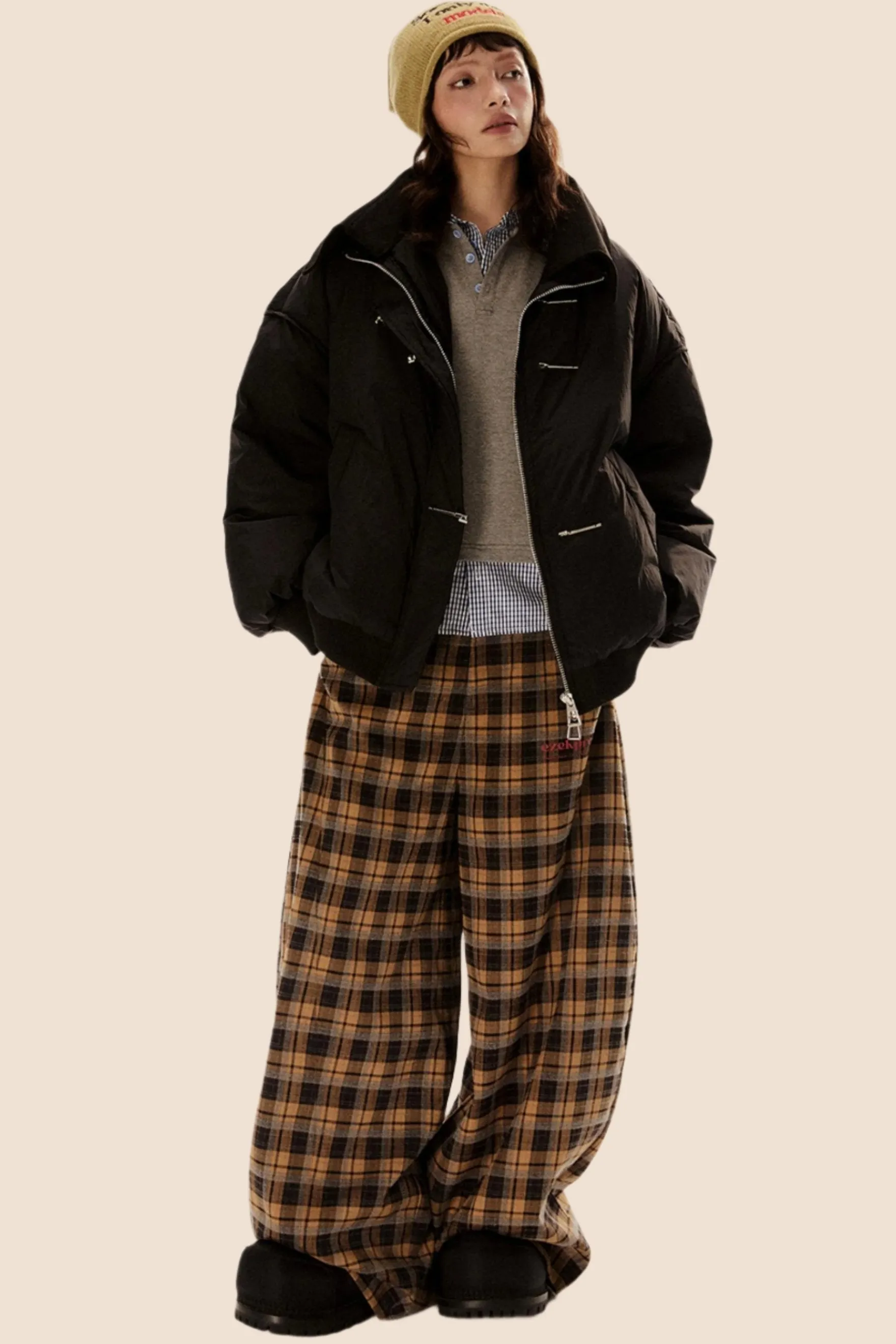 Casual Straight-Leg Plaid Pants