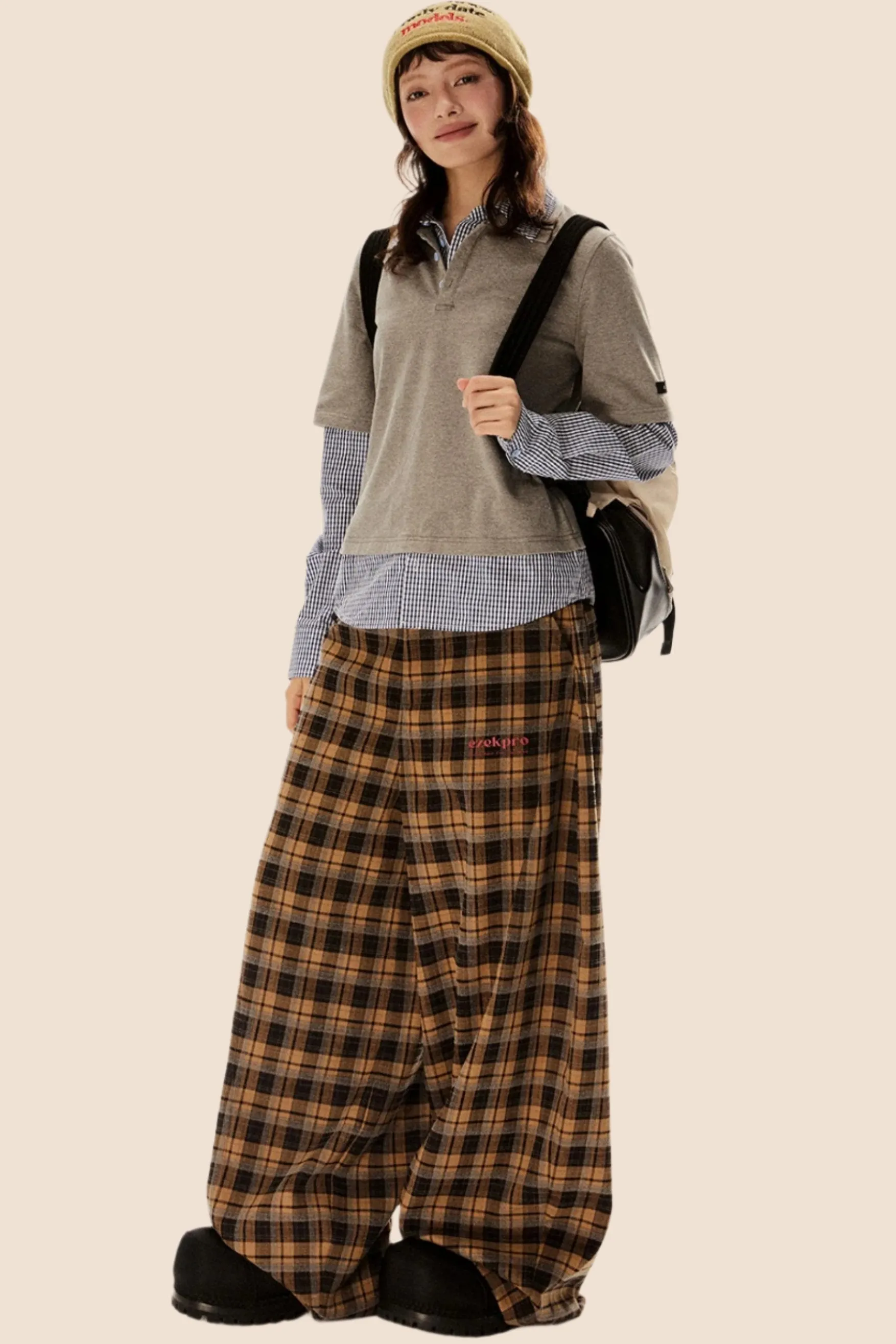 Casual Straight-Leg Plaid Pants