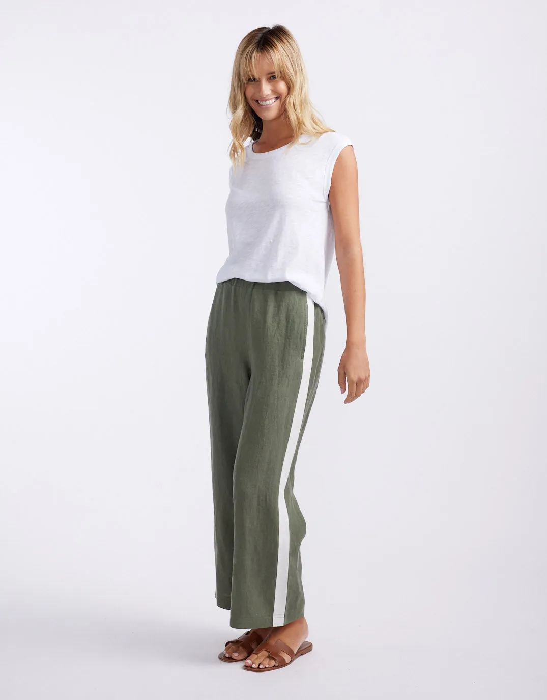 Deluxe 100% Linen Pants - Khaki/White Stripe