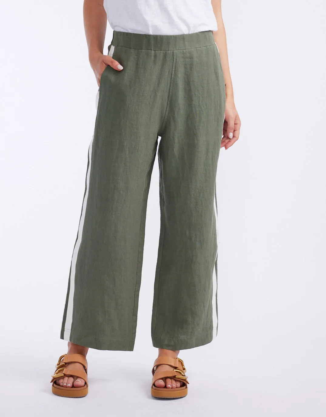 Deluxe 100% Linen Pants - Khaki/White Stripe