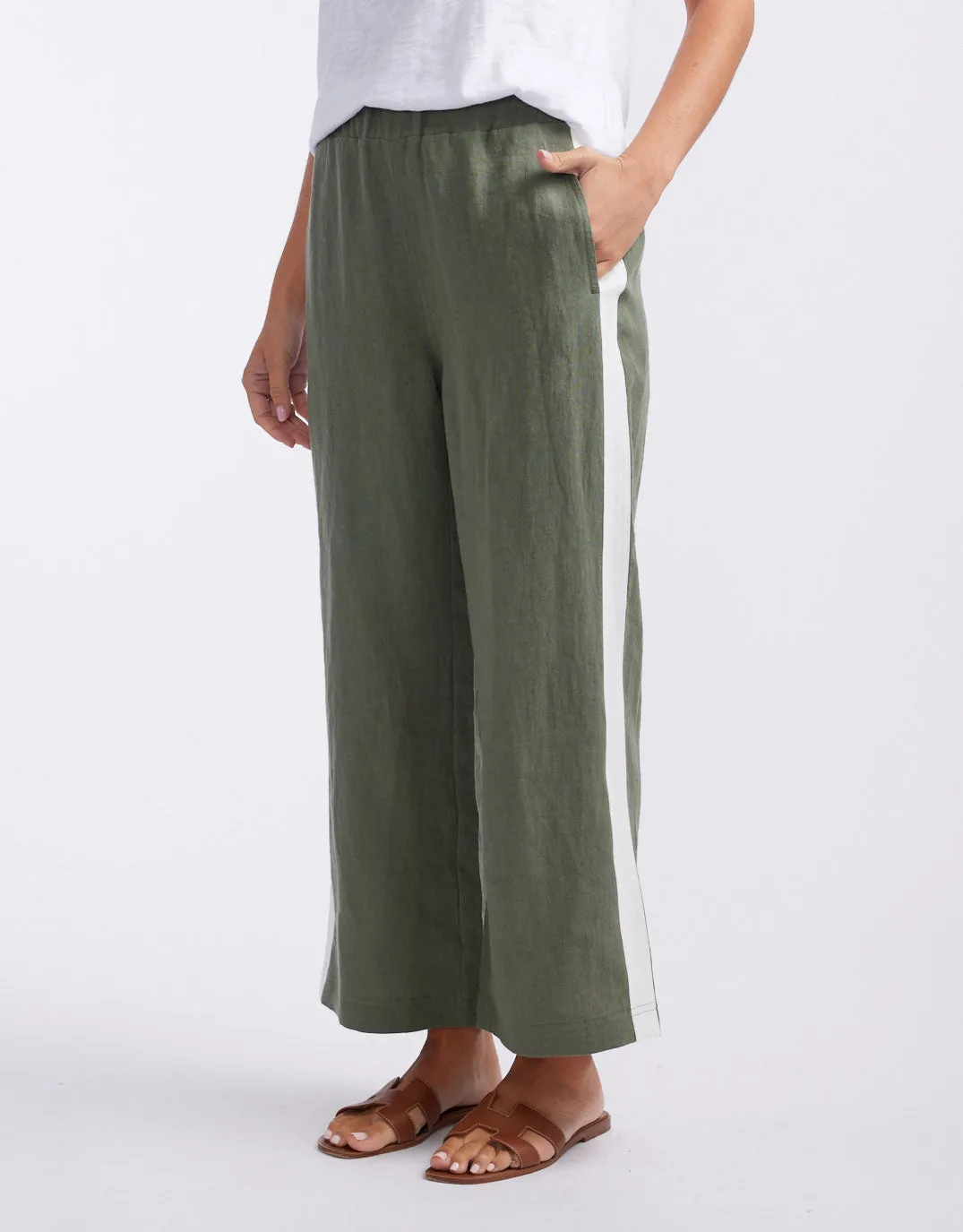 Deluxe 100% Linen Pants - Khaki/White Stripe
