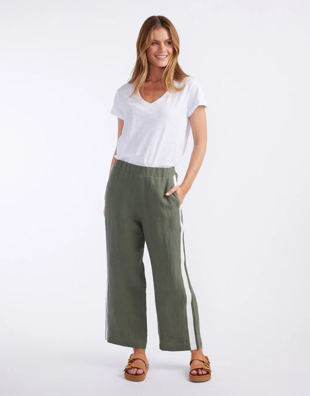 Deluxe 100% Linen Pants - Khaki/White Stripe