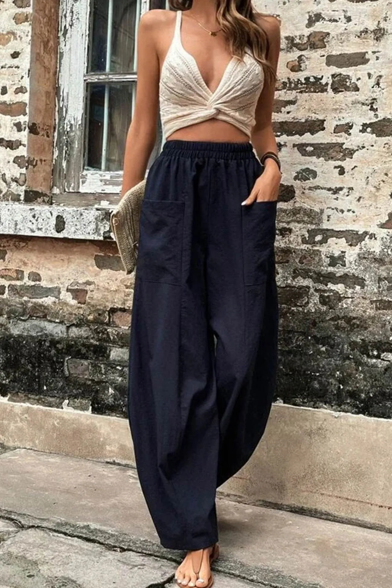 Elastic Waist Pocketed Harem Pants