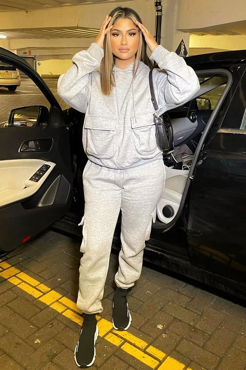 Grey Cargo Pocket Hoodie and Joggers Tracksuit - Aafiya