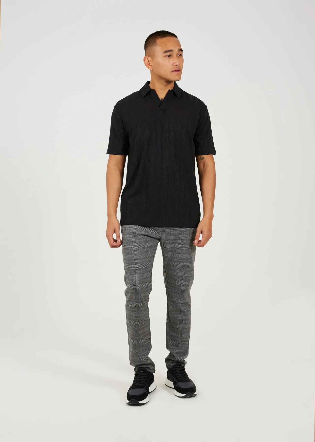 GREY CHECKERED SLIM FITTING DRAWCORD TROUSERS