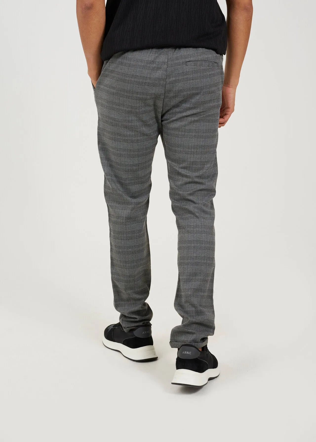 GREY CHECKERED SLIM FITTING DRAWCORD TROUSERS