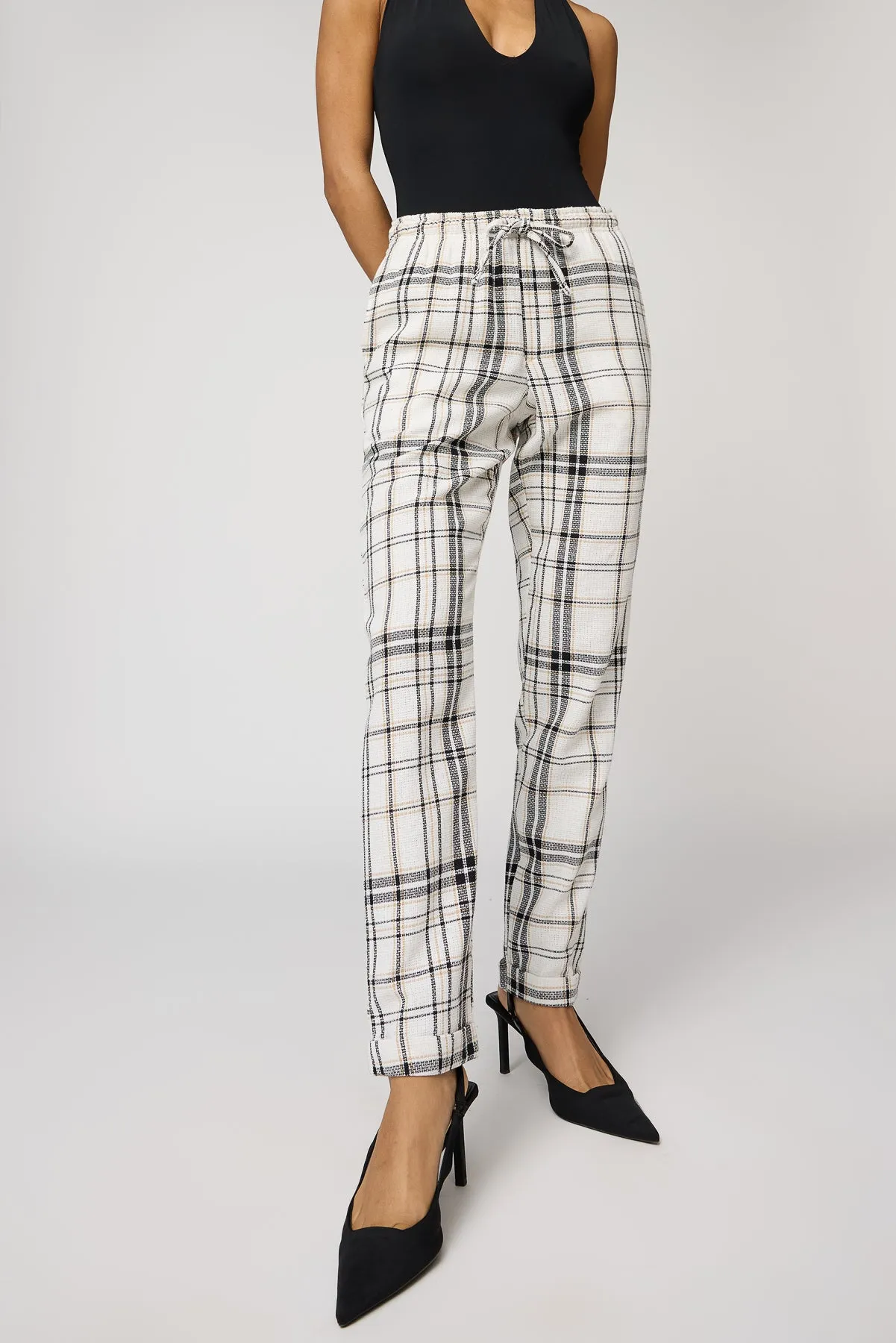 Grid Glam White and Black Checkered Pants