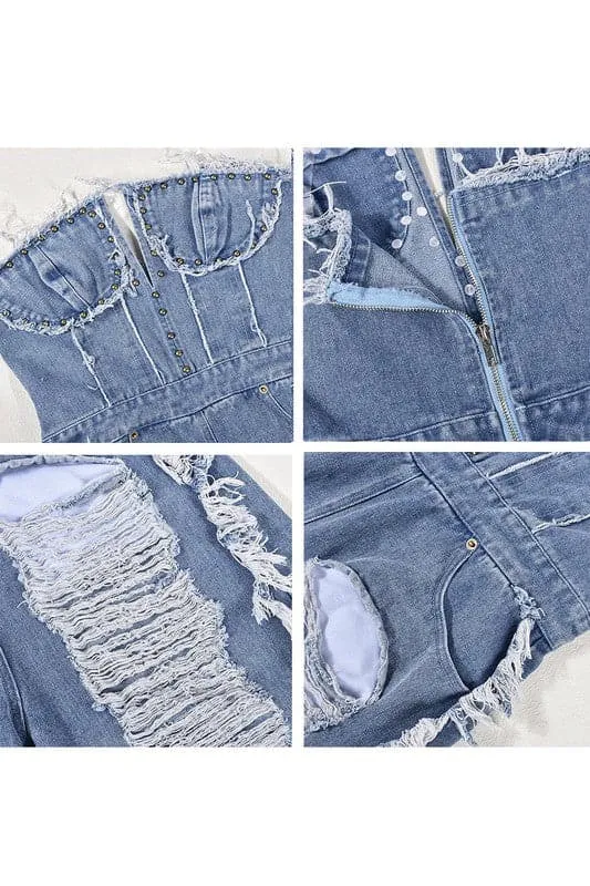 JZ393 Ripped Denim Jumpsuits