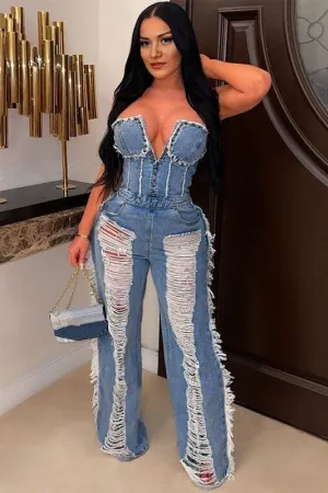 JZ393 Ripped Denim Jumpsuits