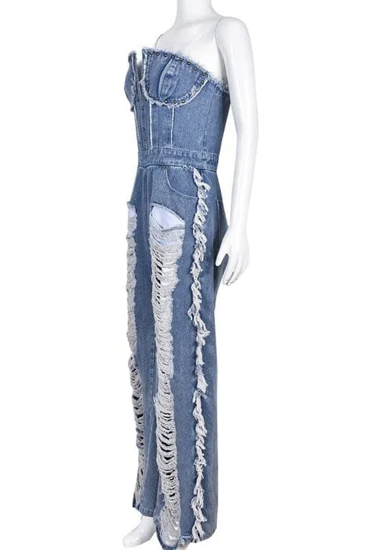 JZ393 Ripped Denim Jumpsuits