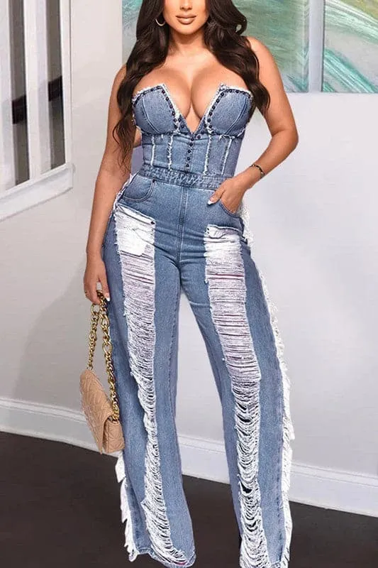 JZ393 Ripped Denim Jumpsuits