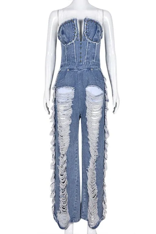 JZ393 Ripped Denim Jumpsuits