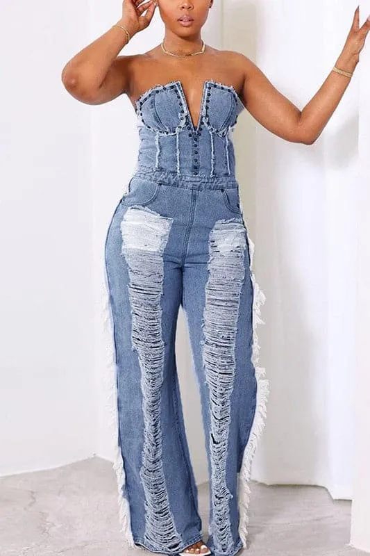JZ393 Ripped Denim Jumpsuits