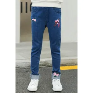 Kids Girls Elasticated Waist Flower Embroidered Side Piece Loose Jeans - GJNC31498