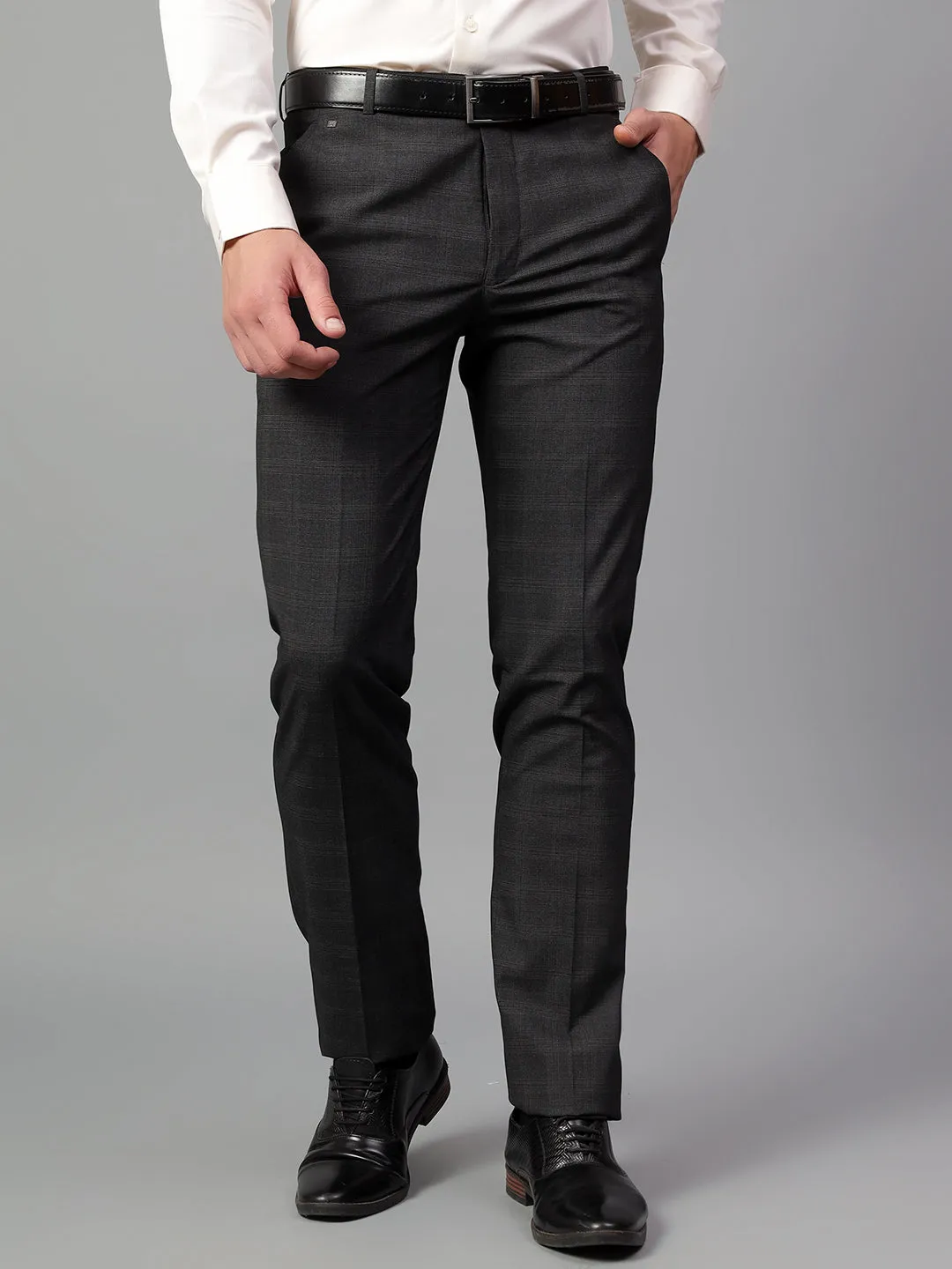 Men's Grey Checked Non-Pleated Formal Trouser