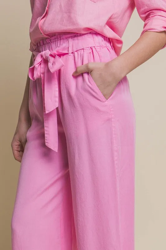 Pink High Rise Tie Waist Tencel Paperbag Pants