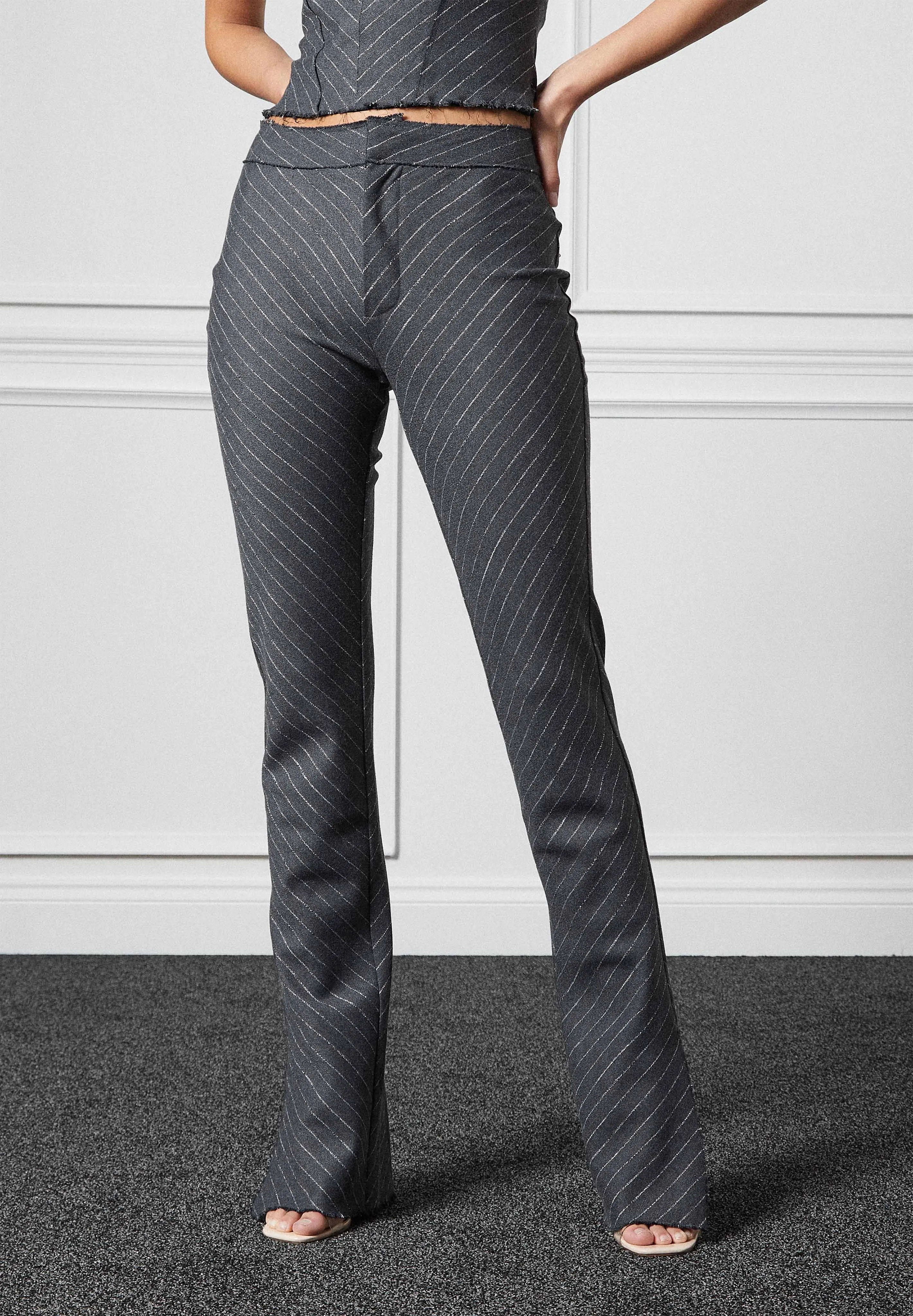 Pinstripe Mini Flared Trousers - Grey