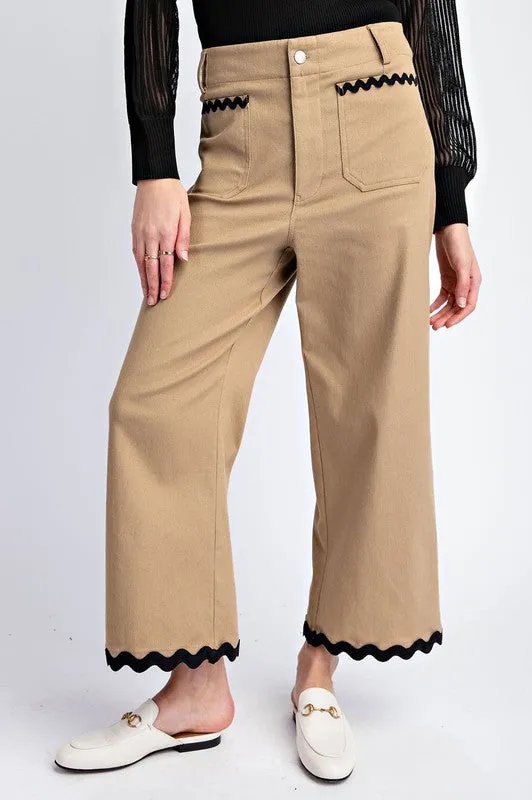 Taupe Ric Rac Trim Cropped Straight Leg Pants