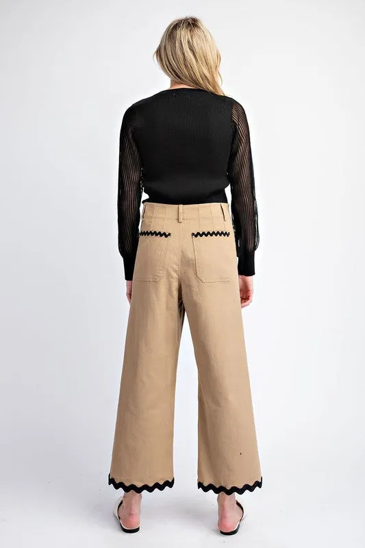 Taupe Ric Rac Trim Cropped Straight Leg Pants