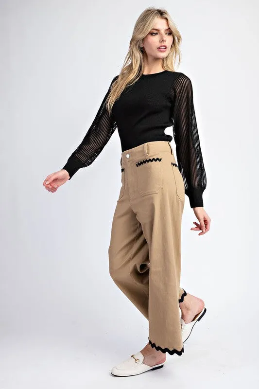 Taupe Ric Rac Trim Cropped Straight Leg Pants