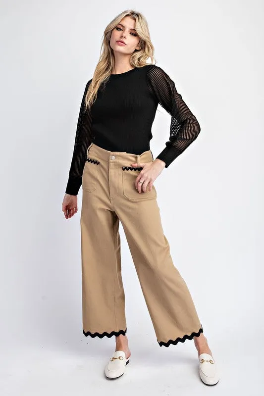 Taupe Ric Rac Trim Cropped Straight Leg Pants
