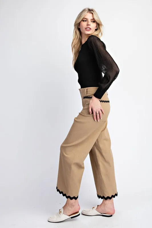 Taupe Ric Rac Trim Cropped Straight Leg Pants