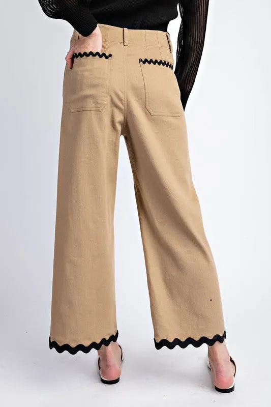 Taupe Ric Rac Trim Cropped Straight Leg Pants