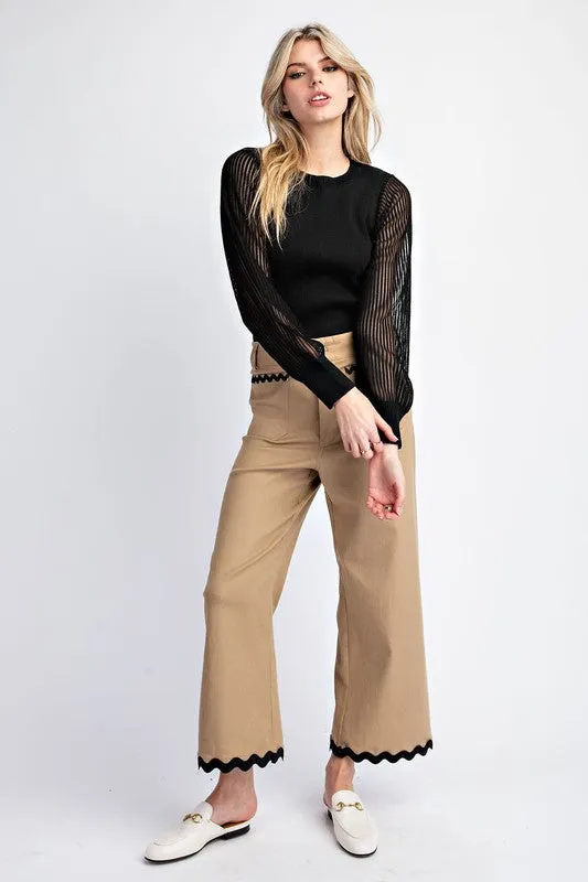 Taupe Ric Rac Trim Cropped Straight Leg Pants