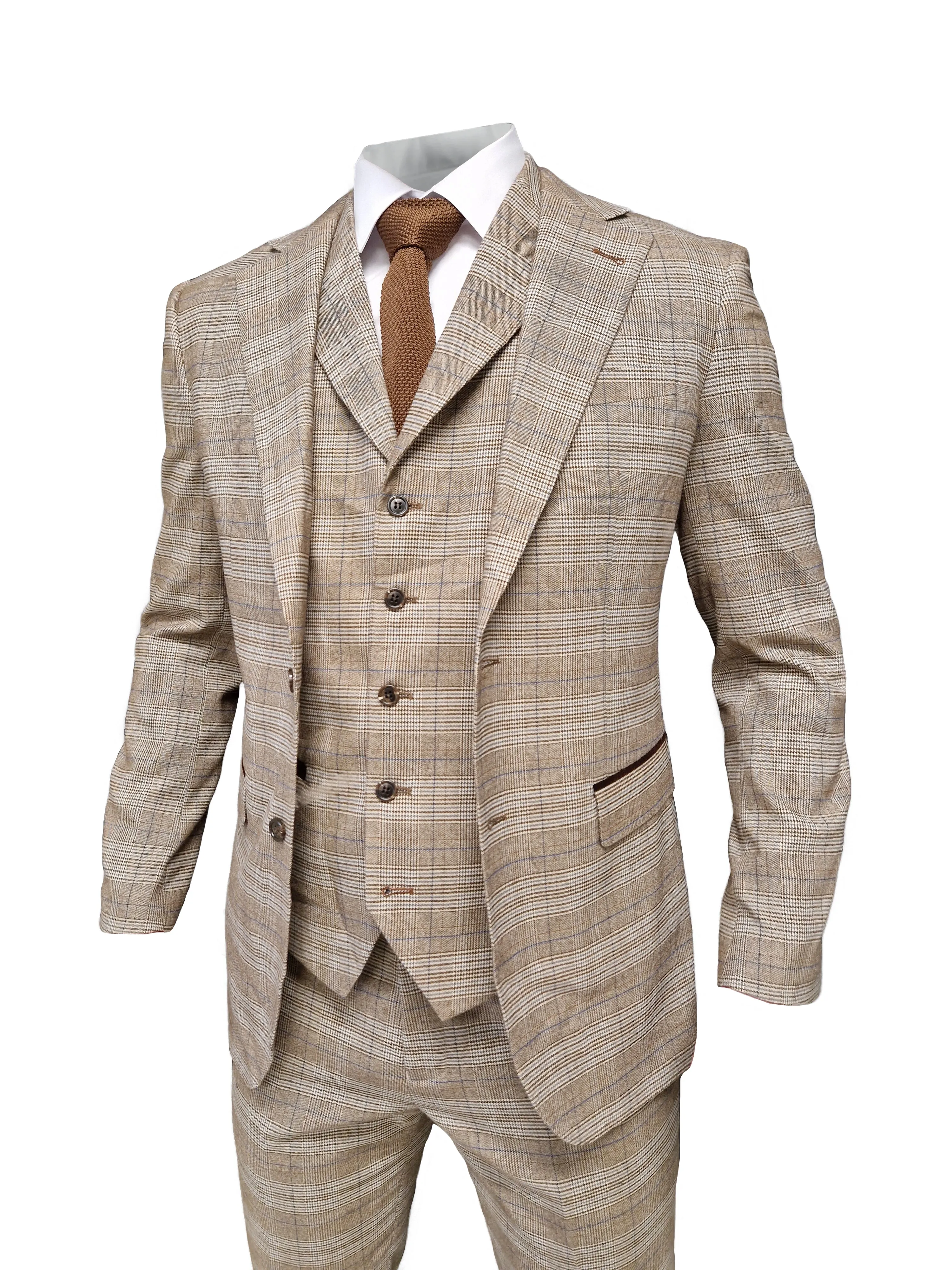 TAVERNY Captain - Men's Three-Piece Checkered Suit in Beige