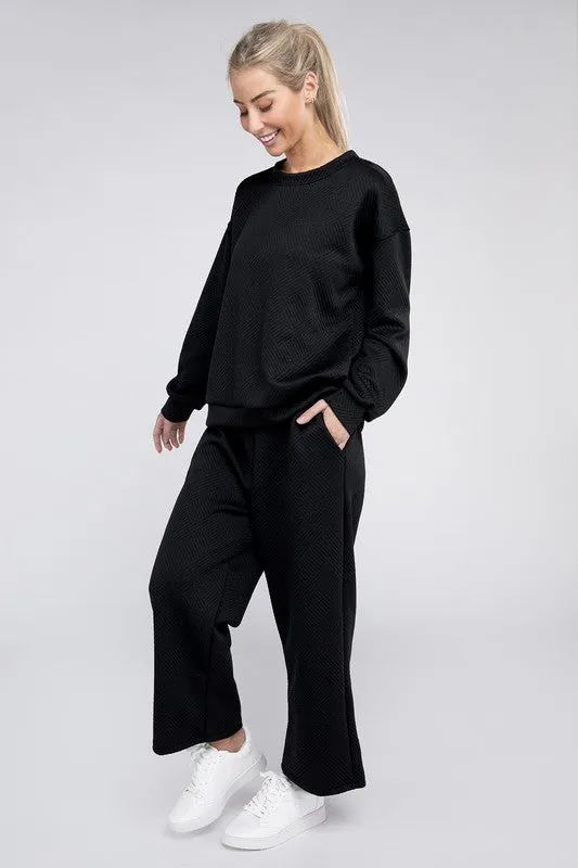 Textured Fabric Top and Crop Pants Set