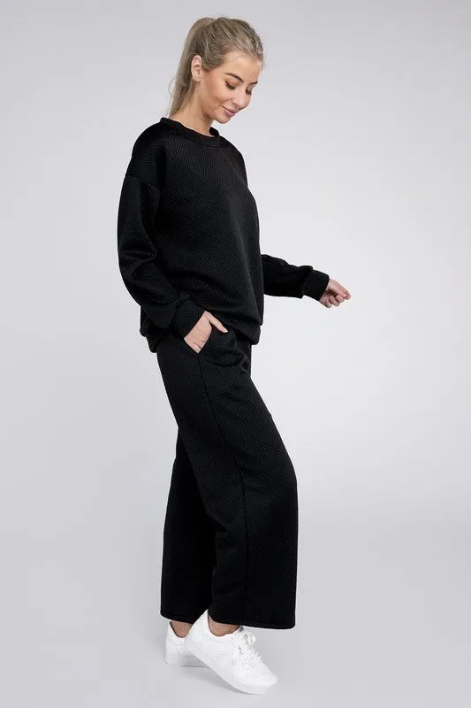 Textured Fabric Top and Crop Pants Set