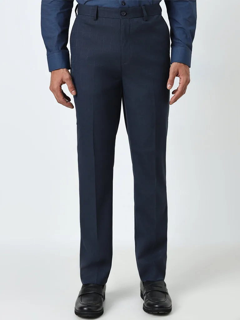 WES Formals Navy Checkered Slim-Fit Mid-Rise Trousers
