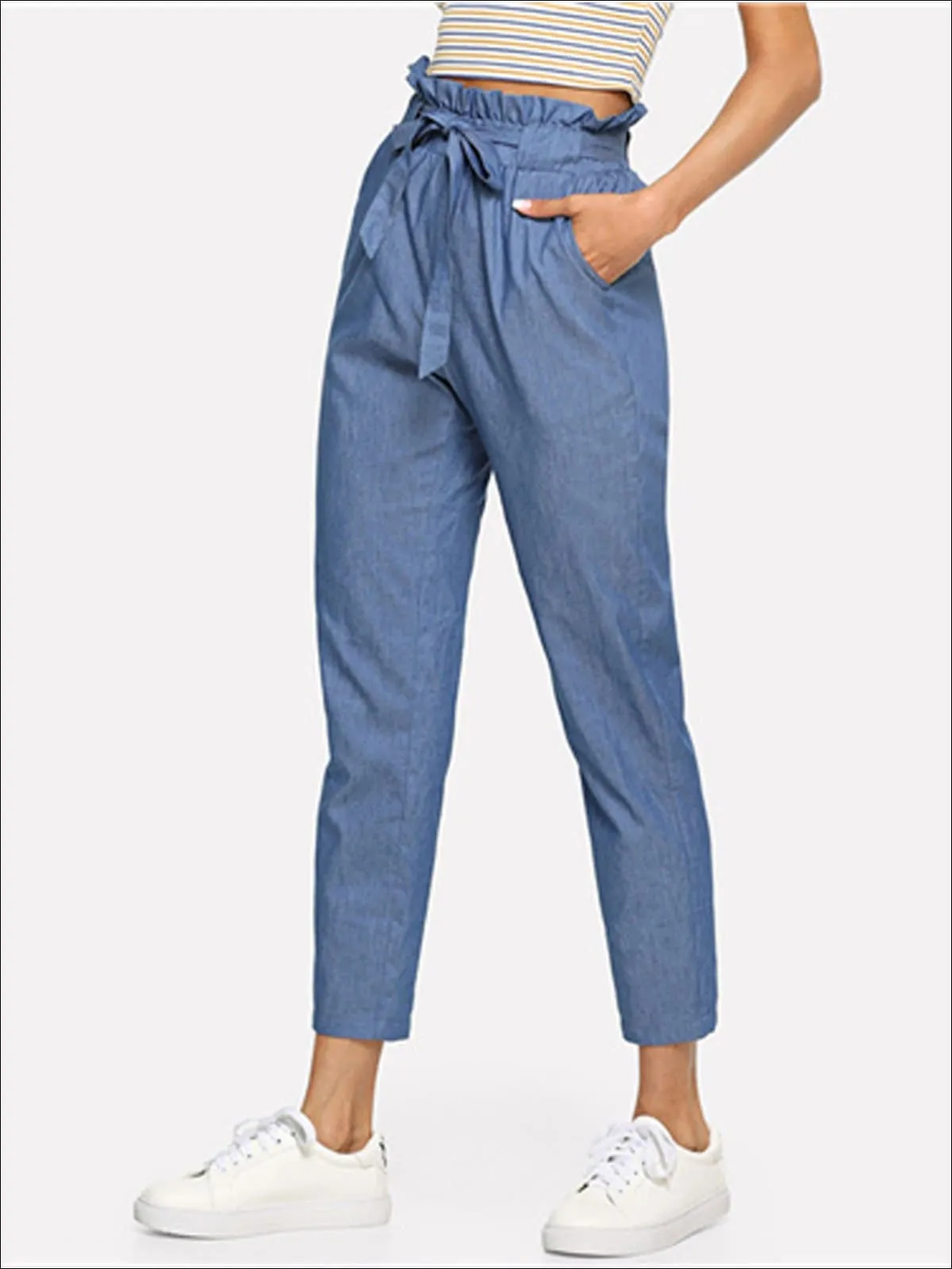 Women's Frilly Mid Waist Belted Trousers