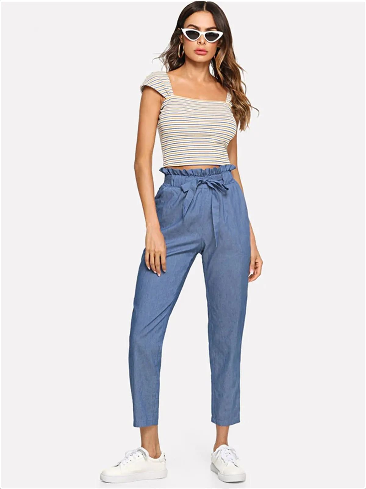 Women's Frilly Mid Waist Belted Trousers