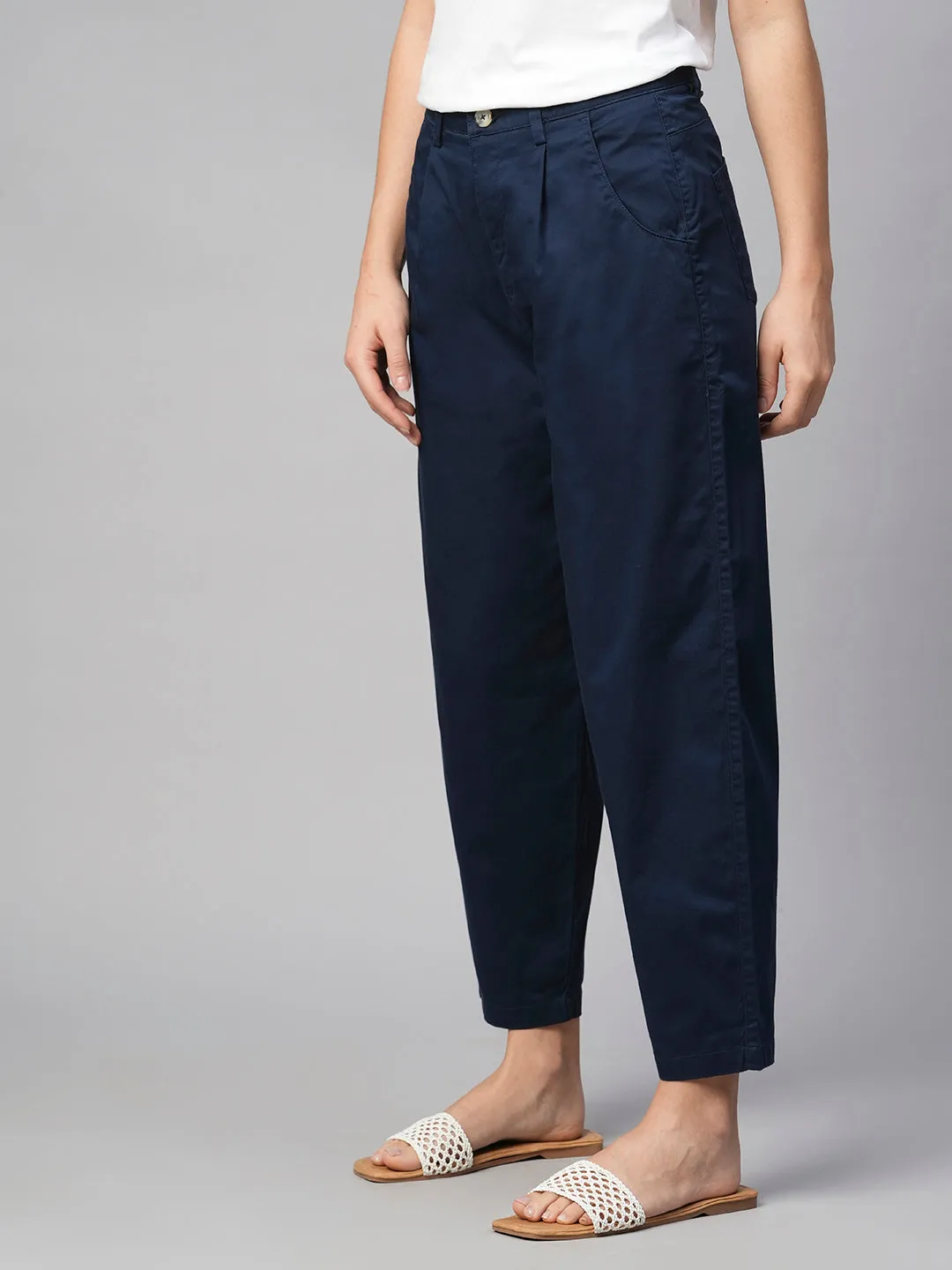 Women's Navy Cotton Elastane Loose Fit Pant
