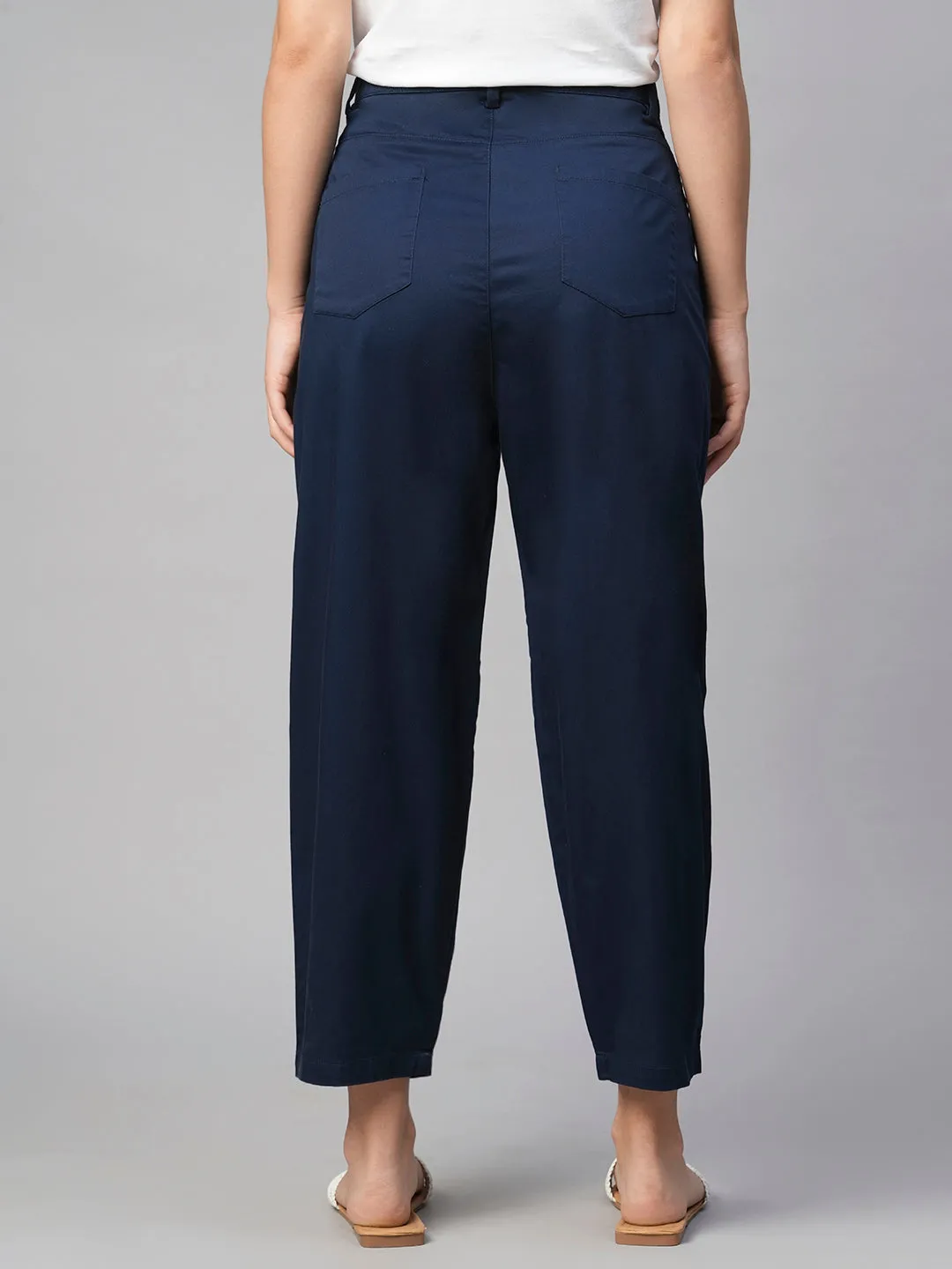 Women's Navy Cotton Elastane Loose Fit Pant