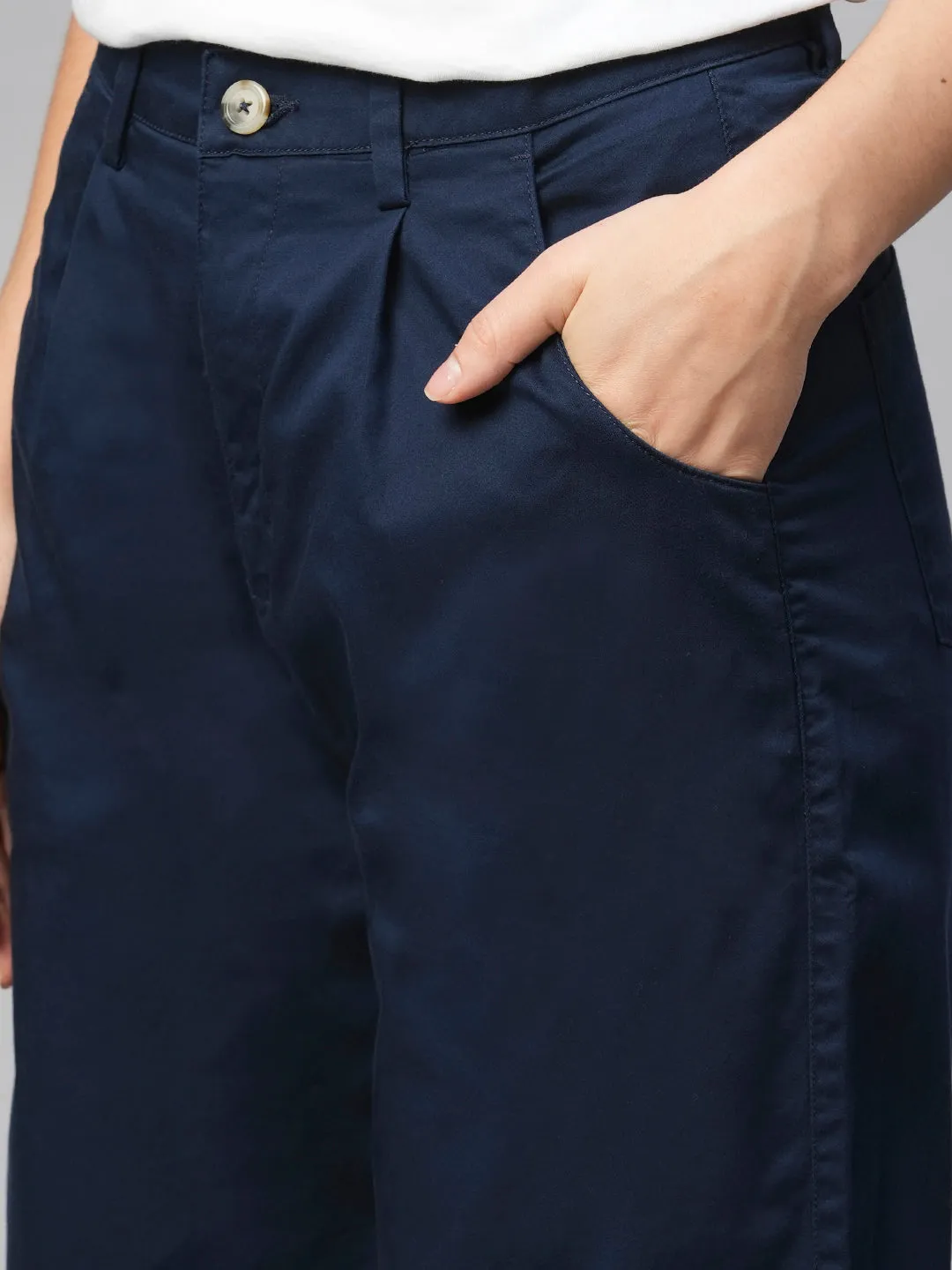 Women's Navy Cotton Elastane Loose Fit Pant