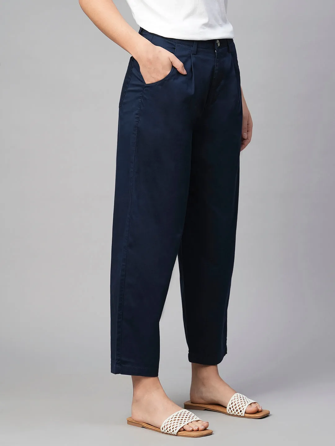 Women's Navy Cotton Elastane Loose Fit Pant